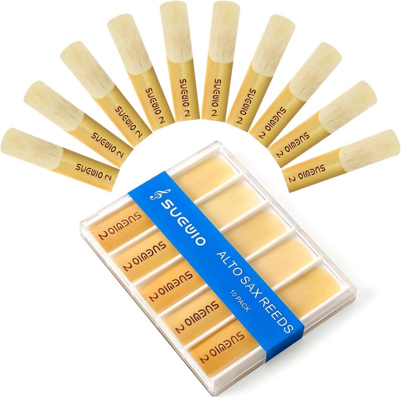 SUEWIO Alto Saxophone Reeds 10 Pack, Strength 2.0, Traditional Alto Sax Reeds with Portable Case, Thinner Reed Tip & Unfiled Cut Design, Reeds for Alto Saxophone Beginners & Students - Image 1